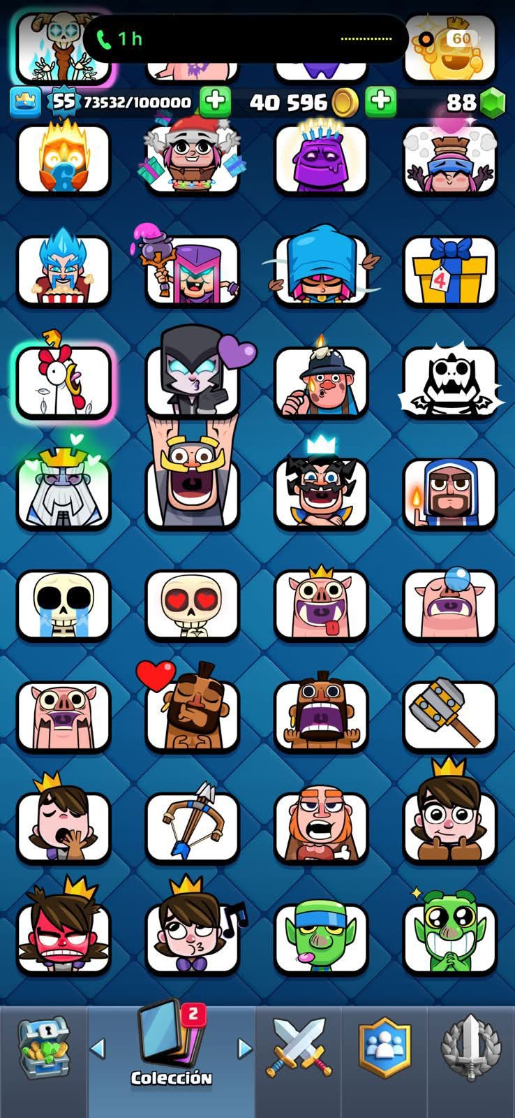 452 CLASH! 10,562 COPAS! 7 CARTAS AL 15! 19 CARTAS AL 14! 1 HÉROE! 11 CARTAS EVOLUTIVAS! 96 EMOTES EXCLUSIVOS! 13 TOREES! INSIGNIA DE 4 AÑOS! (549 MX) @everyone