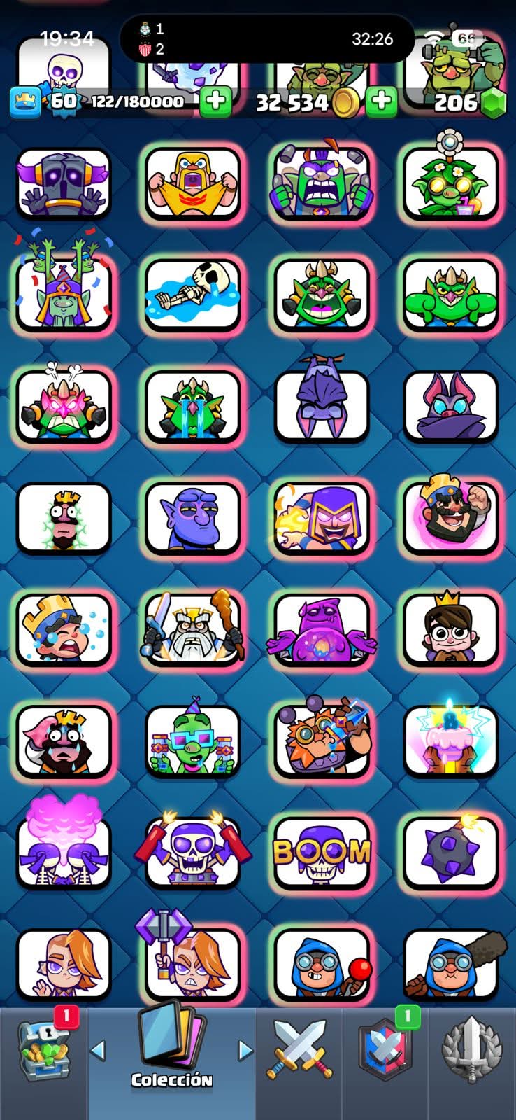 454 CLASH! 10,559 COPAS! 11 CARTAS AL 15! 57 CARTAS AL 14! 2 HÉROES! 28 CARTAS EVOLUTIVAS! 135 EMOTES MUY PEDIDOS! 30 TORRES! INSIGNIA DE 4 AÑOS! (2449mx) @everyone