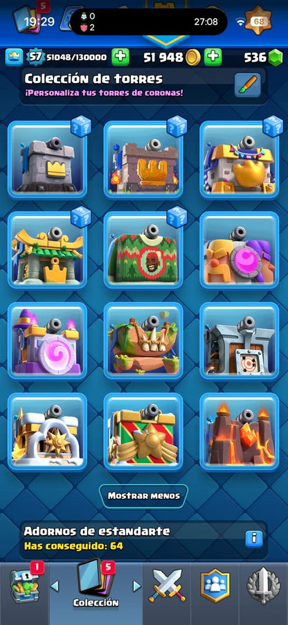 455 CLASH! 10,447 COPAS! 2 CARTAS AL 16 MAX! 4 CARTAS AL 15! 6 CARTAS AL 14! 3 HÉROES! 6 CARTAS EVOLUTIVAS! 67 EMOTES MUY BUENOS! 11 TORRES! INSIGNIA DE 5 AÑOS! (699mx) @everyone