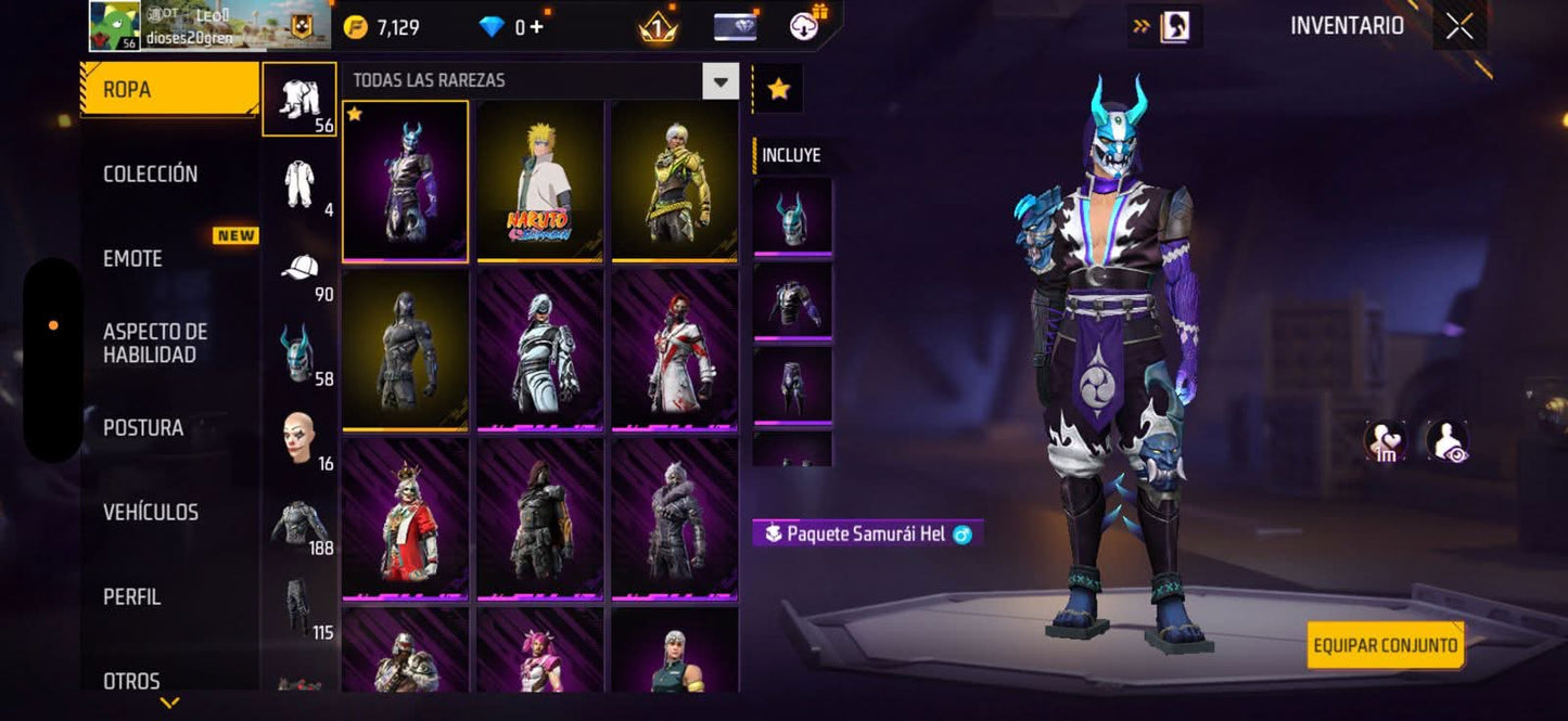 289 FREE FIRE!! CUENTA SEMI VETERENA PARA INICIAR! CON 1 EVO Y BUENAS ARMAS!! CASI 200 PECHOS!! CHAQUETAS ANTIGUAS! TRAJE NARUTO! ROPA DE EVENTOS! CUBOS! PERFECTA PARA COMBINAR CON TODO! REGIÓN: EEUU (399mx)