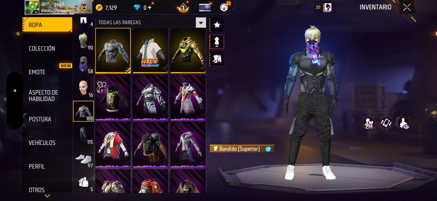 289 FREE FIRE!! CUENTA SEMI VETERENA PARA INICIAR! CON 1 EVO Y BUENAS ARMAS!! CASI 200 PECHOS!! CHAQUETAS ANTIGUAS! TRAJE NARUTO! ROPA DE EVENTOS! CUBOS! PERFECTA PARA COMBINAR CON TODO! REGIÓN: EEUU (399mx)