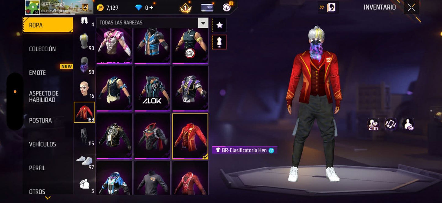 289 FREE FIRE!! CUENTA SEMI VETERENA PARA INICIAR! CON 1 EVO Y BUENAS ARMAS!! CASI 200 PECHOS!! CHAQUETAS ANTIGUAS! TRAJE NARUTO! ROPA DE EVENTOS! CUBOS! PERFECTA PARA COMBINAR CON TODO! REGIÓN: EEUU (399mx)