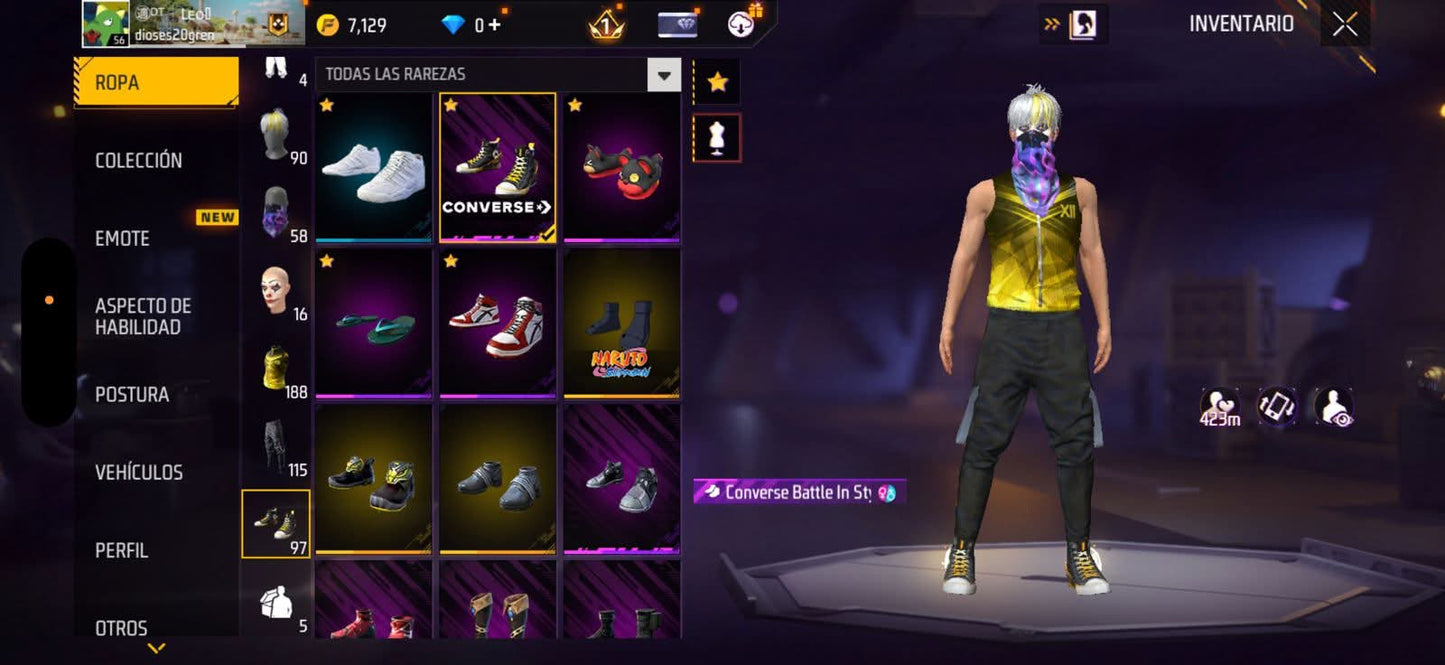 289 FREE FIRE!! CUENTA SEMI VETERENA PARA INICIAR! CON 1 EVO Y BUENAS ARMAS!! CASI 200 PECHOS!! CHAQUETAS ANTIGUAS! TRAJE NARUTO! ROPA DE EVENTOS! CUBOS! PERFECTA PARA COMBINAR CON TODO! REGIÓN: EEUU (399mx)
