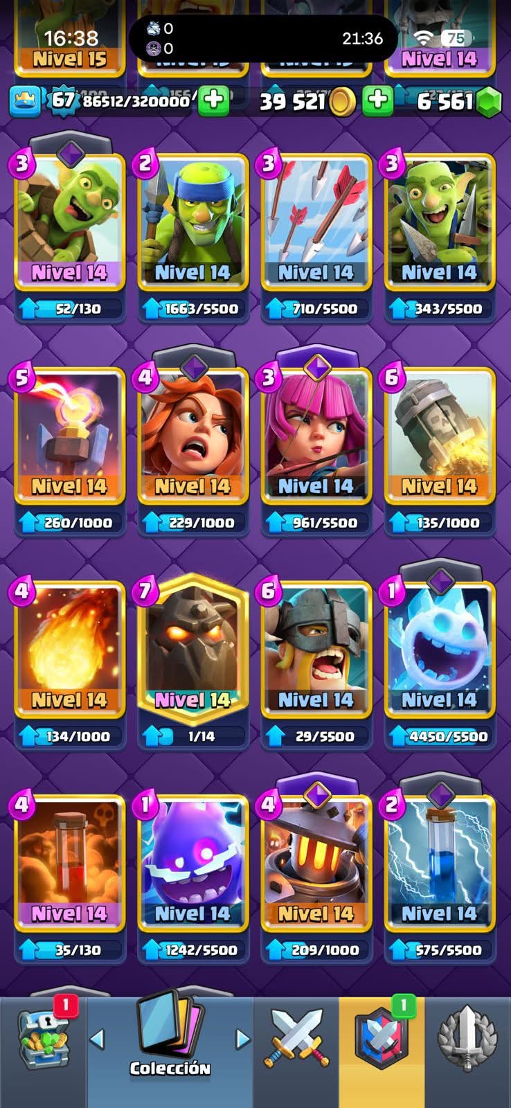 465 CLASH! CUENTA CHETADA! 12,000 COPAS MAX! LIGA 5 COMPETITIVA! 8 CARTAS AL 16 MAX! 7 CARTAS AL 15! 44 CARTAS AL 14! 1 HÉROE! 15 CARTAS EVOLUTIVAS! 120 EMOTES MUY EXCLUSIVOS! 9 TORRES! INSIGNIA OG DE 9 AÑOS Y EXCLUSIVAS! +6K GEMAS! (2399mx)...
