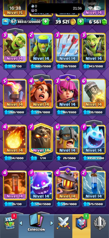 465 CLASH! CUENTA CHETADA! 12,000 COPAS MAX! LIGA 5 COMPETITIVA! 8 CARTAS AL 16 MAX! 7 CARTAS AL 15! 44 CARTAS AL 14! 1 HÉROE! 15 CARTAS EVOLUTIVAS! 120 EMOTES MUY EXCLUSIVOS! 9 TORRES! INSIGNIA OG DE 9 AÑOS Y EXCLUSIVAS! +6K GEMAS! (2399mx)...