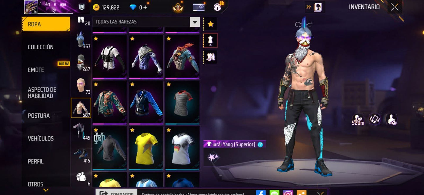 309 FREE FIRE! CUENTA MIXTA CON 5 EVOS A BUEN NIVEL! 1 AL NIVEL MÁXIMO! CASI 700 PECHOS! YING YANG! CUELLO DE TORTUGA! PLAYERAS DE FUTBOL! J BALVIN! RAMPAGE! ANGELICALES! PERFECTA PARA COMBINAR CON TODO! REGIÓN: EEUU (3499mx @everyone