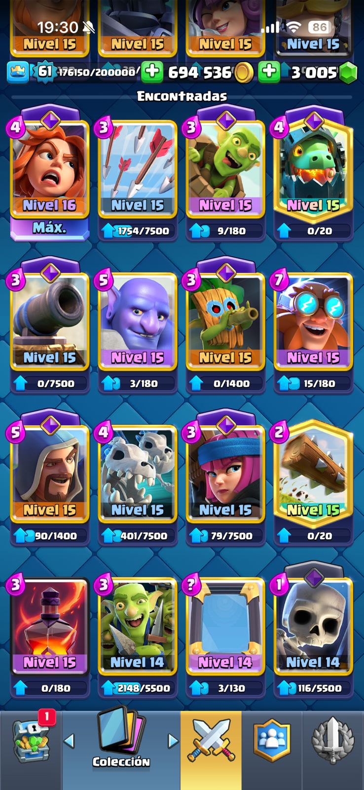 359 CLASH! MINI GRIAL! 10,030 COPAS! 1 CARTA AL 16 MAX! 12 CARTAS AL 15! 54 CARTAS AL 14! 26 CARTAS EVOLUTIVAS! 170 EMOTES EXCLUSIVOS Y PEDIDOS! 23 TORRES! INSIGNIA OG DE 9 AÑOS! +500M MONEDAS Y +3K GEMAS! (2199mx) @everyone