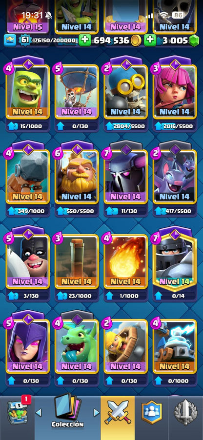 359 CLASH! MINI GRIAL! 10,030 COPAS! 1 CARTA AL 16 MAX! 12 CARTAS AL 15! 54 CARTAS AL 14! 26 CARTAS EVOLUTIVAS! 170 EMOTES EXCLUSIVOS Y PEDIDOS! 23 TORRES! INSIGNIA OG DE 9 AÑOS! +500M MONEDAS Y +3K GEMAS! (2199mx) @everyone