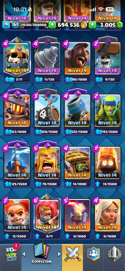 359 CLASH! MINI GRIAL! 10,030 COPAS! 1 CARTA AL 16 MAX! 12 CARTAS AL 15! 54 CARTAS AL 14! 26 CARTAS EVOLUTIVAS! 170 EMOTES EXCLUSIVOS Y PEDIDOS! 23 TORRES! INSIGNIA OG DE 9 AÑOS! +500M MONEDAS Y +3K GEMAS! (2199mx) @everyone