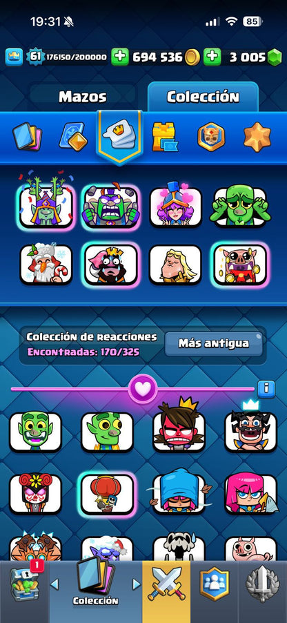359 CLASH! MINI GRIAL! 10,030 COPAS! 1 CARTA AL 16 MAX! 12 CARTAS AL 15! 54 CARTAS AL 14! 26 CARTAS EVOLUTIVAS! 170 EMOTES EXCLUSIVOS Y PEDIDOS! 23 TORRES! INSIGNIA OG DE 9 AÑOS! +500M MONEDAS Y +3K GEMAS! (2199mx) @everyone