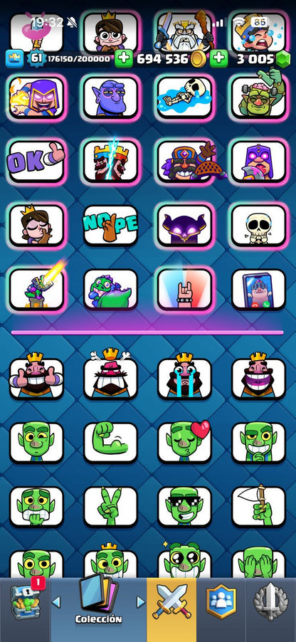 359 CLASH! MINI GRIAL! 10,030 COPAS! 1 CARTA AL 16 MAX! 12 CARTAS AL 15! 54 CARTAS AL 14! 26 CARTAS EVOLUTIVAS! 170 EMOTES EXCLUSIVOS Y PEDIDOS! 23 TORRES! INSIGNIA OG DE 9 AÑOS! +500M MONEDAS Y +3K GEMAS! (2199mx) @everyone