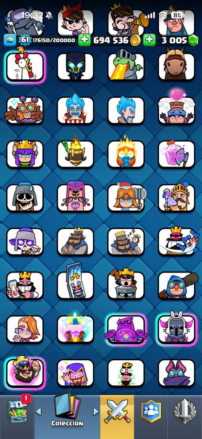 359 CLASH! MINI GRIAL! 10,030 COPAS! 1 CARTA AL 16 MAX! 12 CARTAS AL 15! 54 CARTAS AL 14! 26 CARTAS EVOLUTIVAS! 170 EMOTES EXCLUSIVOS Y PEDIDOS! 23 TORRES! INSIGNIA OG DE 9 AÑOS! +500M MONEDAS Y +3K GEMAS! (2199mx) @everyone