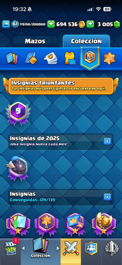 359 CLASH! MINI GRIAL! 10,030 COPAS! 1 CARTA AL 16 MAX! 12 CARTAS AL 15! 54 CARTAS AL 14! 26 CARTAS EVOLUTIVAS! 170 EMOTES EXCLUSIVOS Y PEDIDOS! 23 TORRES! INSIGNIA OG DE 9 AÑOS! +500M MONEDAS Y +3K GEMAS! (2199mx) @everyone
