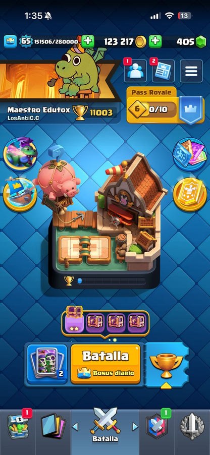 470 CLASH! 11,003 COPAS! LIGA 1 COMPETITIVA! 6 CARTAS AL 16 MAX! 10 CARTAS AL 15! 36 CARTAS AL 14! 1 HÉROE! 24 CARTAS EVOLUTIVAS! 167 EMOTES EXCLUSIVOS! 12 TORRES! INSIGNIA DE 4 AÑOS! (1499mx) @everyone