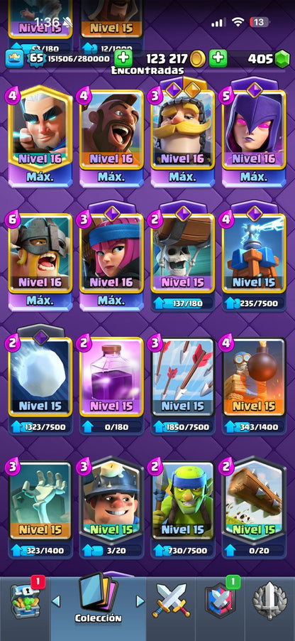 470 CLASH! 11,003 COPAS! LIGA 1 COMPETITIVA! 6 CARTAS AL 16 MAX! 10 CARTAS AL 15! 36 CARTAS AL 14! 1 HÉROE! 24 CARTAS EVOLUTIVAS! 167 EMOTES EXCLUSIVOS! 12 TORRES! INSIGNIA DE 4 AÑOS! (1499mx) @everyone