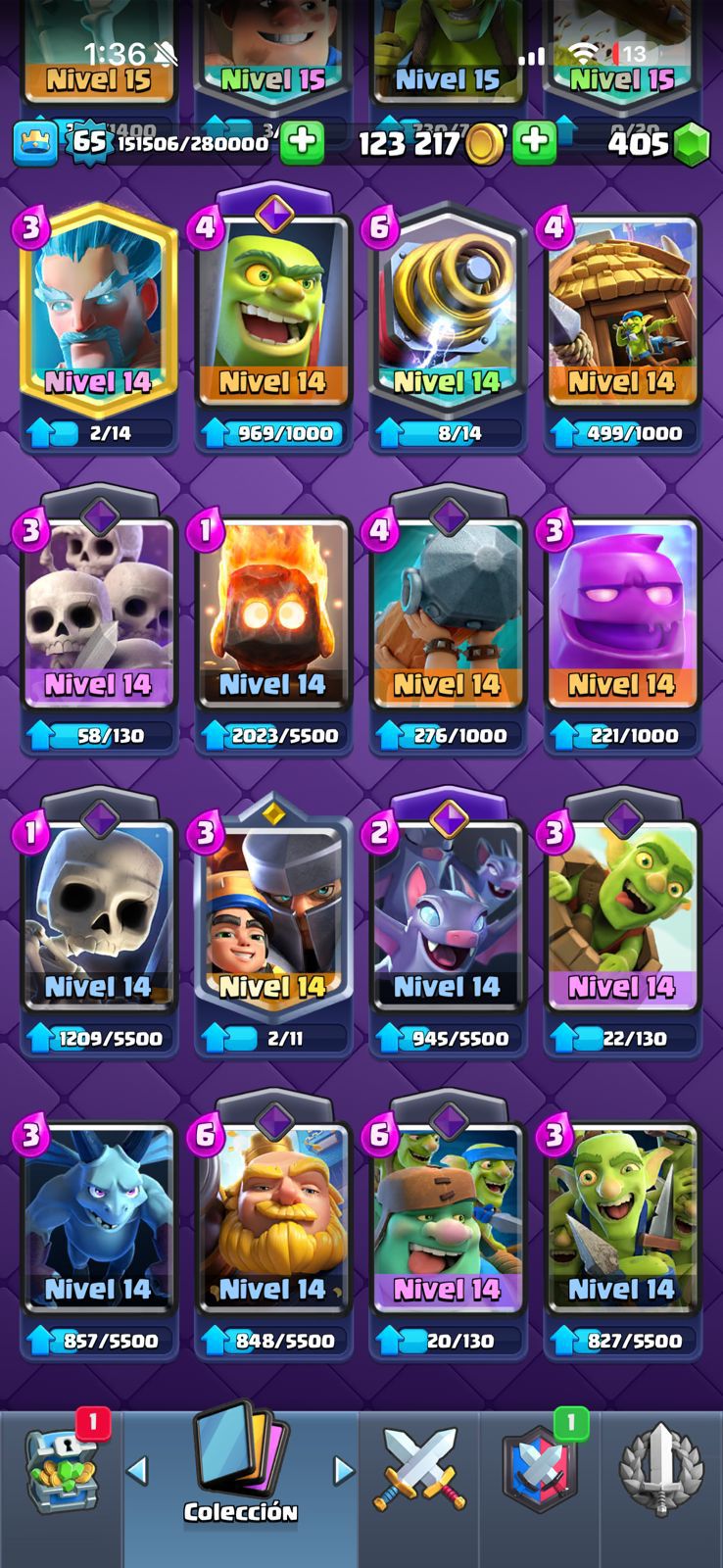 470 CLASH! 11,003 COPAS! LIGA 1 COMPETITIVA! 6 CARTAS AL 16 MAX! 10 CARTAS AL 15! 36 CARTAS AL 14! 1 HÉROE! 24 CARTAS EVOLUTIVAS! 167 EMOTES EXCLUSIVOS! 12 TORRES! INSIGNIA DE 4 AÑOS! (1499mx) @everyone