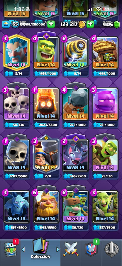 470 CLASH! 11,003 COPAS! LIGA 1 COMPETITIVA! 6 CARTAS AL 16 MAX! 10 CARTAS AL 15! 36 CARTAS AL 14! 1 HÉROE! 24 CARTAS EVOLUTIVAS! 167 EMOTES EXCLUSIVOS! 12 TORRES! INSIGNIA DE 4 AÑOS! (1499mx) @everyone