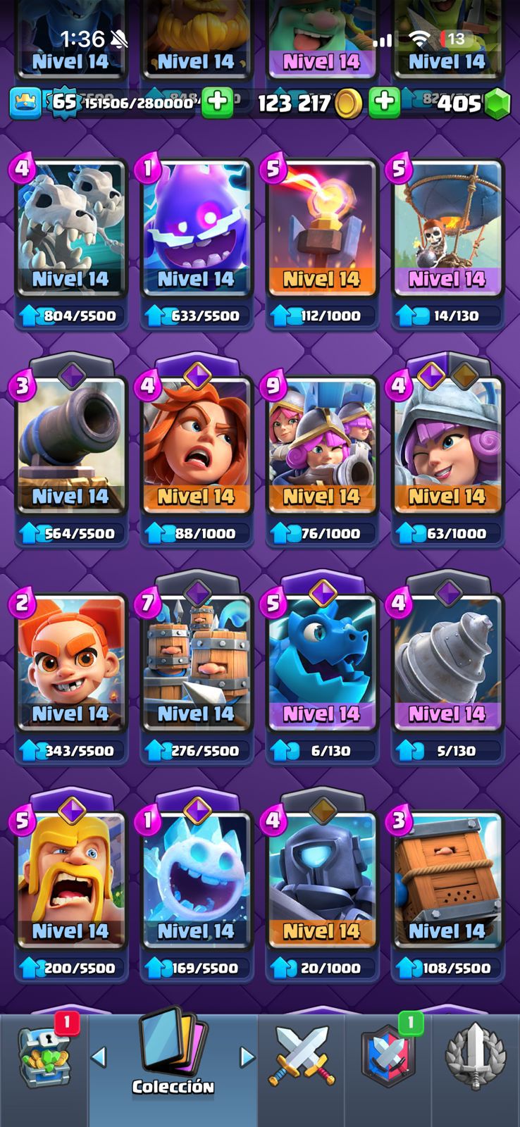 470 CLASH! 11,003 COPAS! LIGA 1 COMPETITIVA! 6 CARTAS AL 16 MAX! 10 CARTAS AL 15! 36 CARTAS AL 14! 1 HÉROE! 24 CARTAS EVOLUTIVAS! 167 EMOTES EXCLUSIVOS! 12 TORRES! INSIGNIA DE 4 AÑOS! (1499mx) @everyone