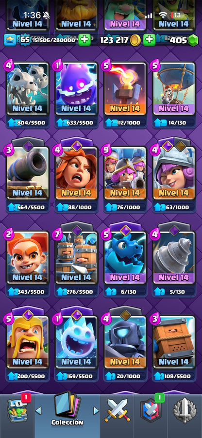 470 CLASH! 11,003 COPAS! LIGA 1 COMPETITIVA! 6 CARTAS AL 16 MAX! 10 CARTAS AL 15! 36 CARTAS AL 14! 1 HÉROE! 24 CARTAS EVOLUTIVAS! 167 EMOTES EXCLUSIVOS! 12 TORRES! INSIGNIA DE 4 AÑOS! (1499mx) @everyone