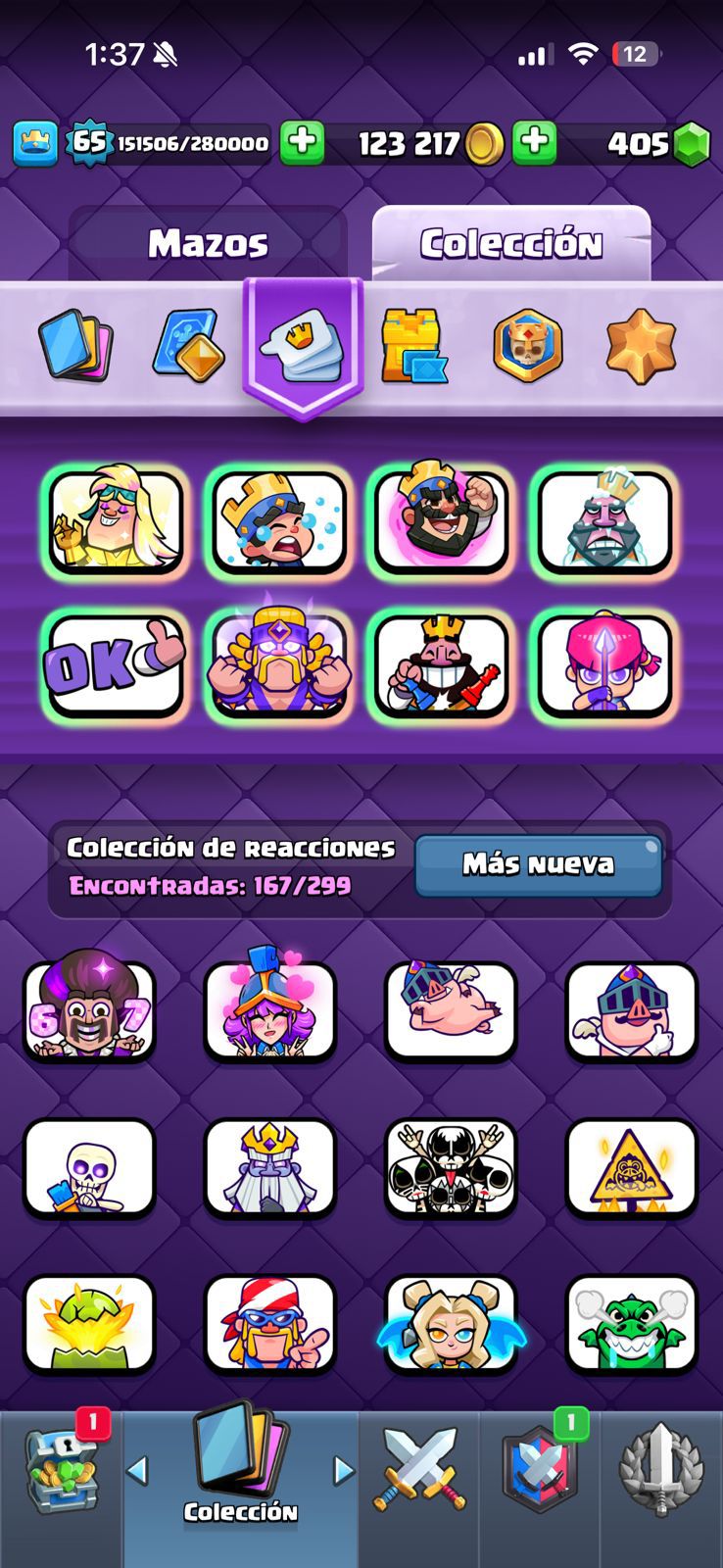 470 CLASH! 11,003 COPAS! LIGA 1 COMPETITIVA! 6 CARTAS AL 16 MAX! 10 CARTAS AL 15! 36 CARTAS AL 14! 1 HÉROE! 24 CARTAS EVOLUTIVAS! 167 EMOTES EXCLUSIVOS! 12 TORRES! INSIGNIA DE 4 AÑOS! (1499mx) @everyone