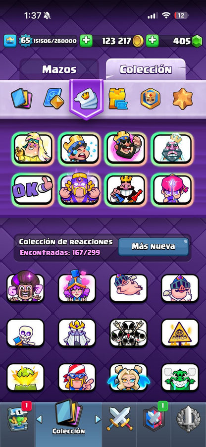 470 CLASH! 11,003 COPAS! LIGA 1 COMPETITIVA! 6 CARTAS AL 16 MAX! 10 CARTAS AL 15! 36 CARTAS AL 14! 1 HÉROE! 24 CARTAS EVOLUTIVAS! 167 EMOTES EXCLUSIVOS! 12 TORRES! INSIGNIA DE 4 AÑOS! (1499mx) @everyone