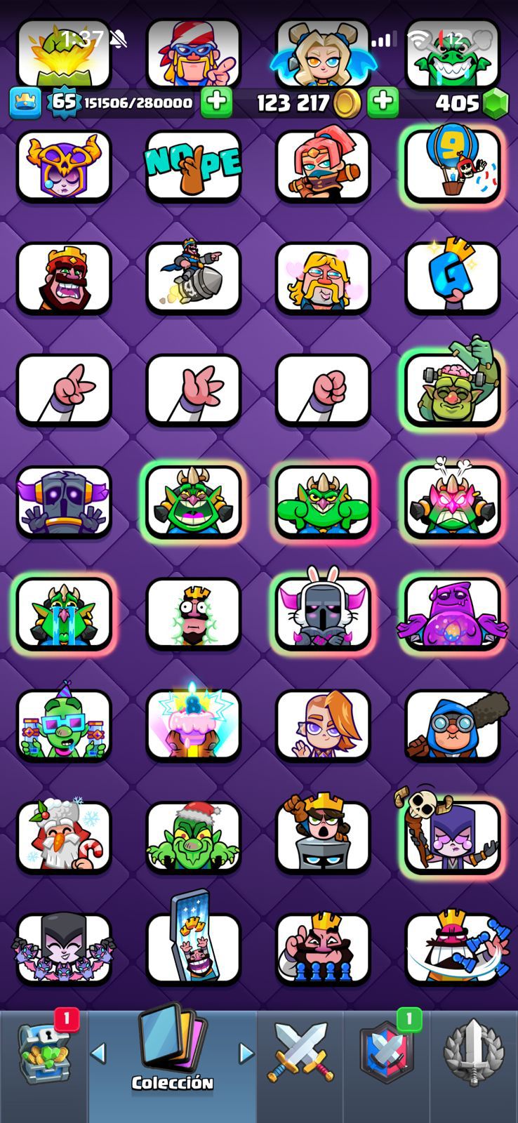 470 CLASH! 11,003 COPAS! LIGA 1 COMPETITIVA! 6 CARTAS AL 16 MAX! 10 CARTAS AL 15! 36 CARTAS AL 14! 1 HÉROE! 24 CARTAS EVOLUTIVAS! 167 EMOTES EXCLUSIVOS! 12 TORRES! INSIGNIA DE 4 AÑOS! (1499mx) @everyone