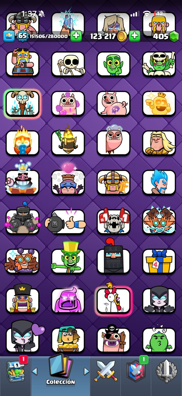 470 CLASH! 11,003 COPAS! LIGA 1 COMPETITIVA! 6 CARTAS AL 16 MAX! 10 CARTAS AL 15! 36 CARTAS AL 14! 1 HÉROE! 24 CARTAS EVOLUTIVAS! 167 EMOTES EXCLUSIVOS! 12 TORRES! INSIGNIA DE 4 AÑOS! (1499mx) @everyone