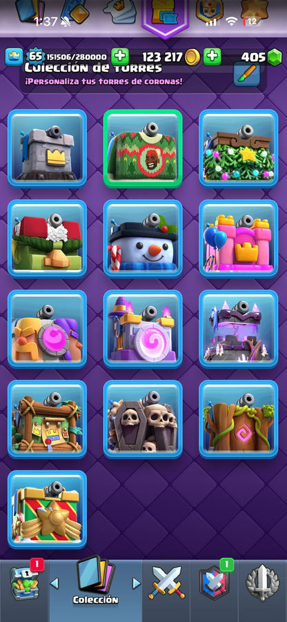 470 CLASH! 11,003 COPAS! LIGA 1 COMPETITIVA! 6 CARTAS AL 16 MAX! 10 CARTAS AL 15! 36 CARTAS AL 14! 1 HÉROE! 24 CARTAS EVOLUTIVAS! 167 EMOTES EXCLUSIVOS! 12 TORRES! INSIGNIA DE 4 AÑOS! (1499mx) @everyone