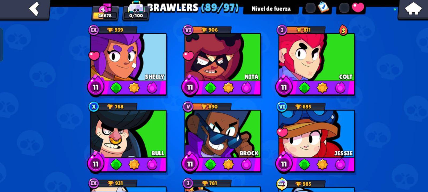 69 BRAWL! CUENTA CON 35735 COPAS! 18 CARTAS CON HIPERCARGA! 9 CARTAS CON FUERZA MÁXIMA! 3 ASPECTOS LEGENDARIOS Y 2 ASPECTOS DE HIPERCARGA DESBLOQUEADOS!! HABILIDADES ESTELARES Y GADGETS!! (549mx) @everyone