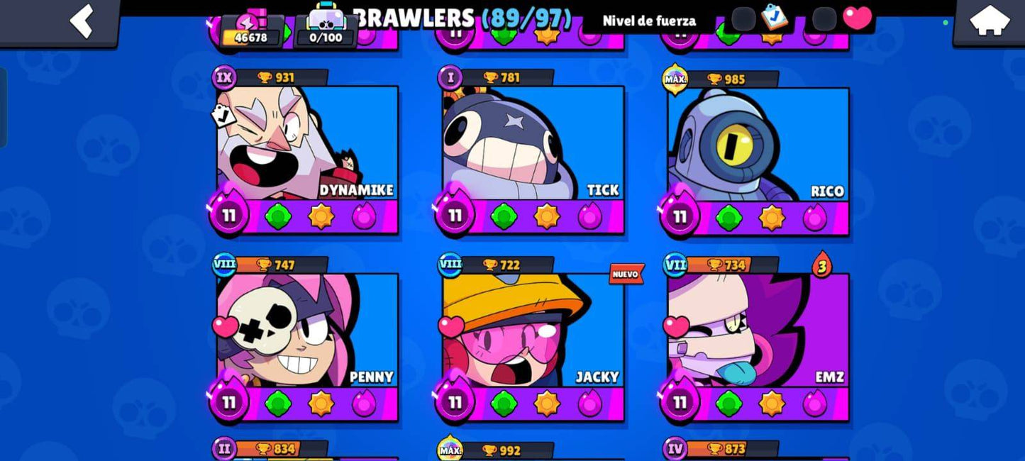 69 BRAWL! CUENTA CON 35735 COPAS! 18 CARTAS CON HIPERCARGA! 9 CARTAS CON FUERZA MÁXIMA! 3 ASPECTOS LEGENDARIOS Y 2 ASPECTOS DE HIPERCARGA DESBLOQUEADOS!! HABILIDADES ESTELARES Y GADGETS!! (549mx) @everyone