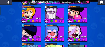 69 BRAWL! CUENTA CON 35735 COPAS! 18 CARTAS CON HIPERCARGA! 9 CARTAS CON FUERZA MÁXIMA! 3 ASPECTOS LEGENDARIOS Y 2 ASPECTOS DE HIPERCARGA DESBLOQUEADOS!! HABILIDADES ESTELARES Y GADGETS!! (549mx) @everyone