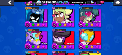 69 BRAWL! CUENTA CON 35735 COPAS! 18 CARTAS CON HIPERCARGA! 9 CARTAS CON FUERZA MÁXIMA! 3 ASPECTOS LEGENDARIOS Y 2 ASPECTOS DE HIPERCARGA DESBLOQUEADOS!! HABILIDADES ESTELARES Y GADGETS!! (549mx) @everyone