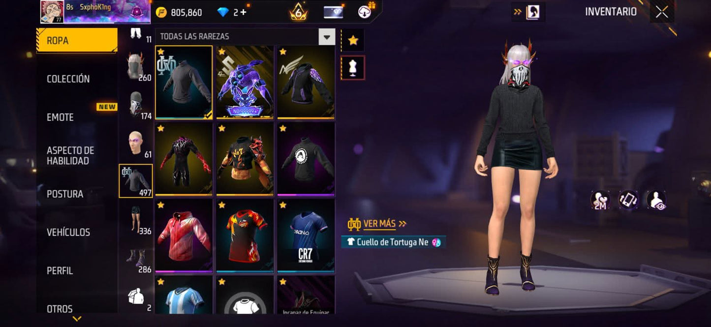 331 FREE FIRE! CUENTA MIXTA CON 13 EVOS A BUEN NIVEL Y BUENAS ARMAS! CASI 500 PECHOS! TRAJE SAMURAI ZOMBIE! JUJTSU KAISEN! TRAJE DE SUBASTA! CUELLO DE TORTUGA! INCUBADORAS CARAS Y CHIDAS! MUCHA ROPA DE EVENTO! ANGELICALES! PERFECTA PARA COMBINAR CON...