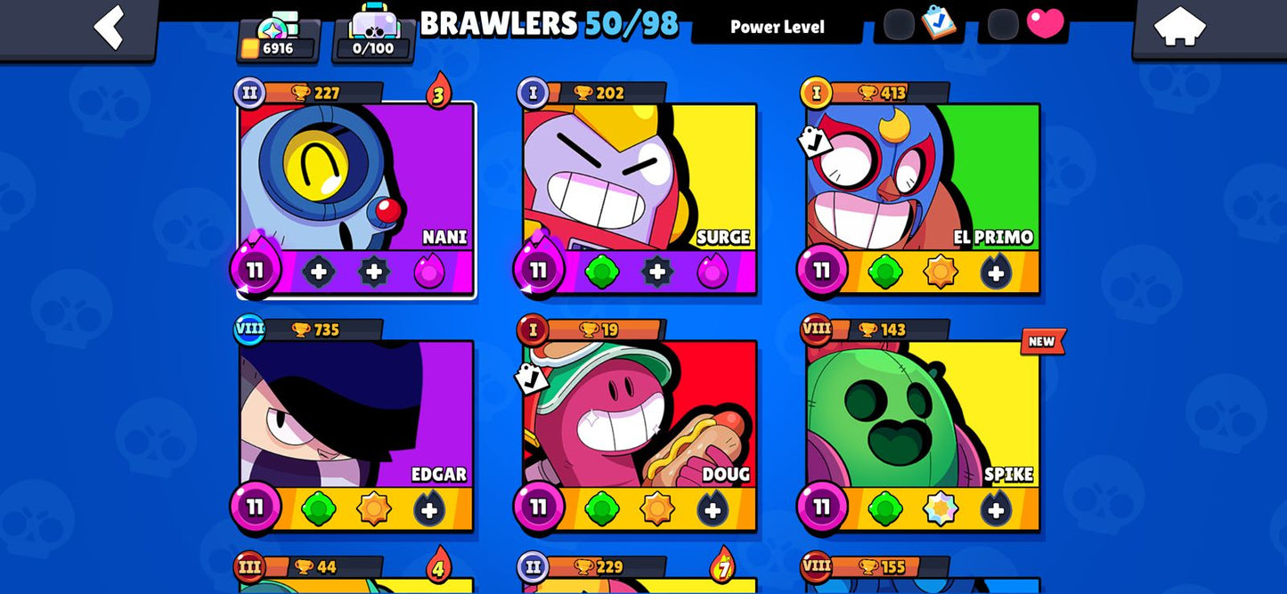 BRAWL! 50/98 BRAWLERS! 2 BRAWLERS CON HYPERCARGA! 6 BRAWLERS AL MAX! 6,916 COPAS! 500 PUNTOS ESTELARES! VARIEDAD DE SKINS! (199mx) @everyone