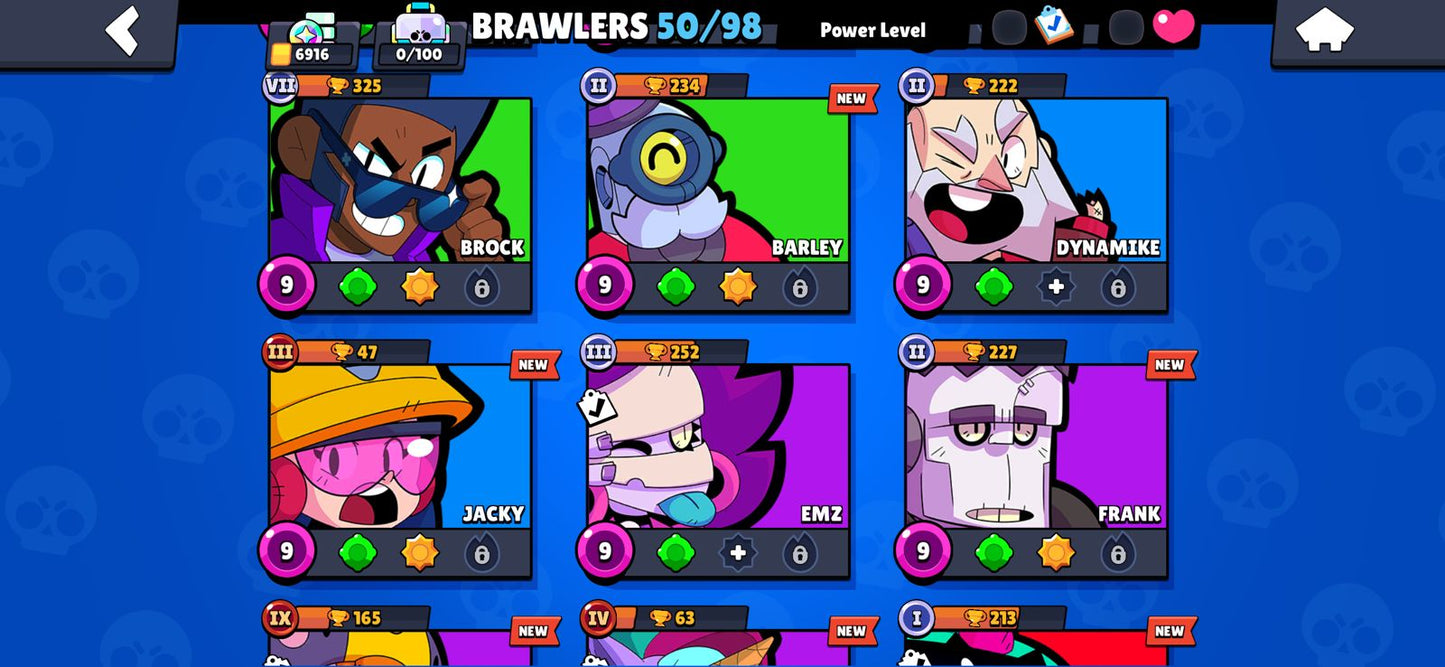 BRAWL! 50/98 BRAWLERS! 2 BRAWLERS CON HYPERCARGA! 6 BRAWLERS AL MAX! 6,916 COPAS! 500 PUNTOS ESTELARES! VARIEDAD DE SKINS! (199mx) @everyone