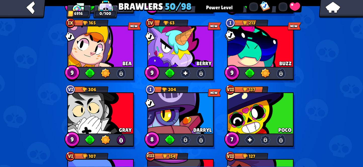 BRAWL! 50/98 BRAWLERS! 2 BRAWLERS CON HYPERCARGA! 6 BRAWLERS AL MAX! 6,916 COPAS! 500 PUNTOS ESTELARES! VARIEDAD DE SKINS! (199mx) @everyone