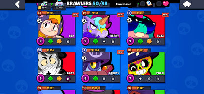 BRAWL! 50/98 BRAWLERS! 2 BRAWLERS CON HYPERCARGA! 6 BRAWLERS AL MAX! 6,916 COPAS! 500 PUNTOS ESTELARES! VARIEDAD DE SKINS! (199mx) @everyone