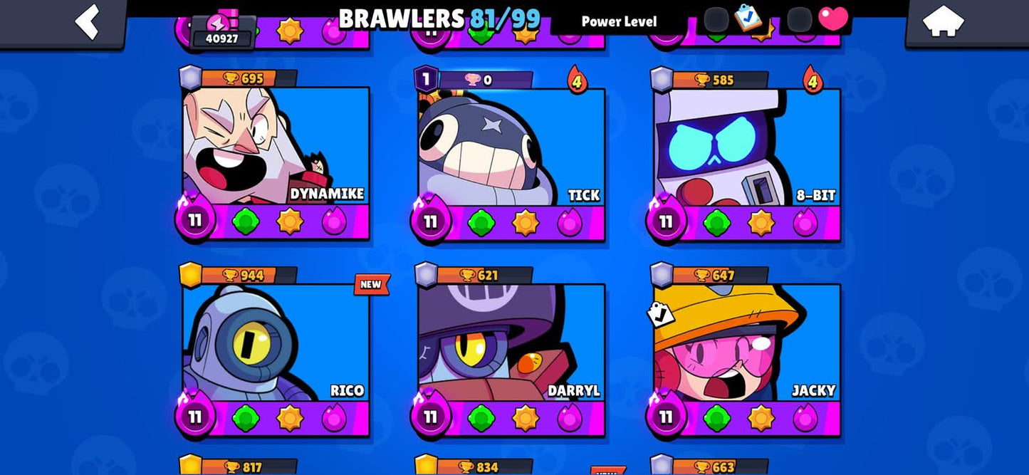 105 BRAWL! 40,927 COPAS! 81/99 BRAWLERS! 29 BRAWLERS CON HYPERCARGA! 3 BRAWLERS AL MAX! 4643 PUNTOS ESTELARES! SKINS MUY BUENAS! (599mx @everyone