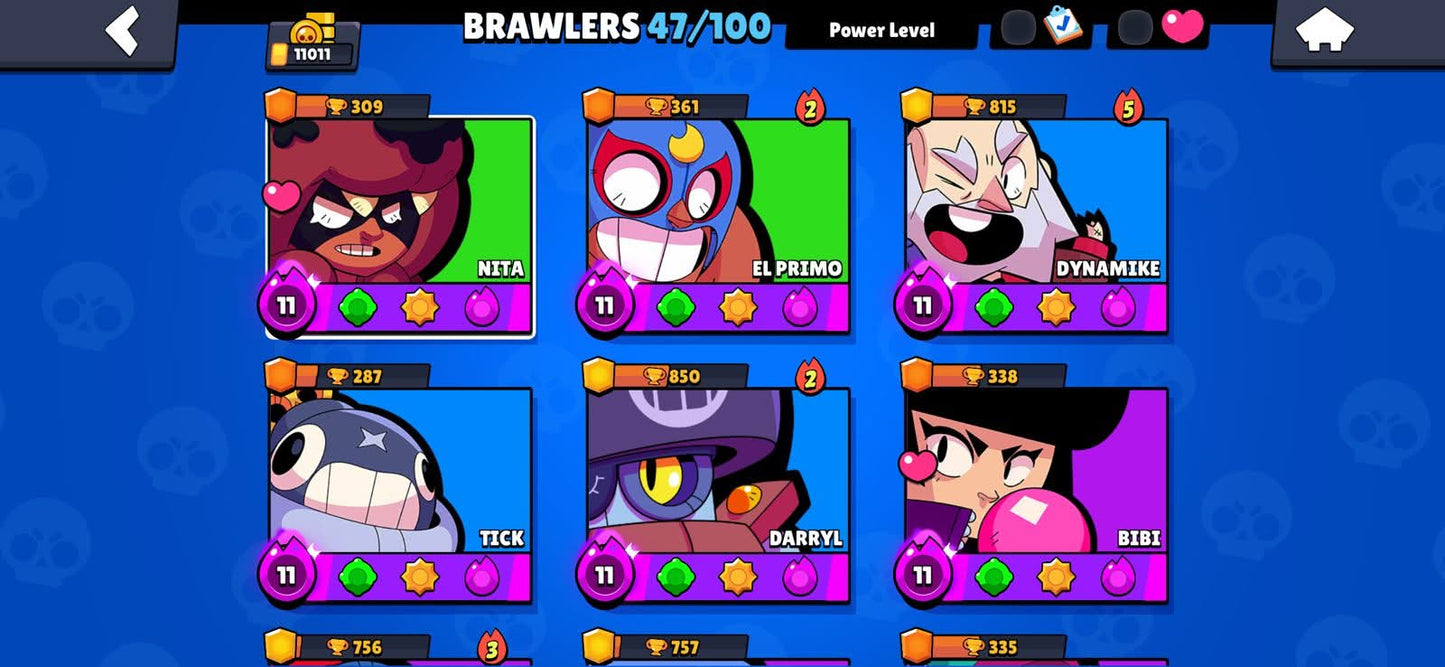 109 BRAWL! CUENTA PARA EMPEZAR! 47/100 BRAWLERS! 11,011 COPAS! 10 BRAWLERS CON HYPERCARGA! 4 BRAWLERS AL MAX! 2,319 PUNTOS ESTELARES! SKINS MUY BUENAS! (299mx @everyone
