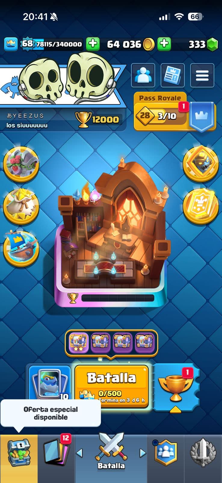 530 CLASH! MINI GRIAL! 12,000 COPAS! LIGA 2 COMPETITIVA! 8 CARTAS AL 16 MAX! 17 CARTAS AL 15! 27 CARTAS AL 14! 1 HÉROE! 19 CARTAS EVOLUTIVAS! 138 EMOTES MUY EXCLUSIVOS! 11 TORRES! INSIGNIA DE 5 AÑOS! (2499mx @everyone