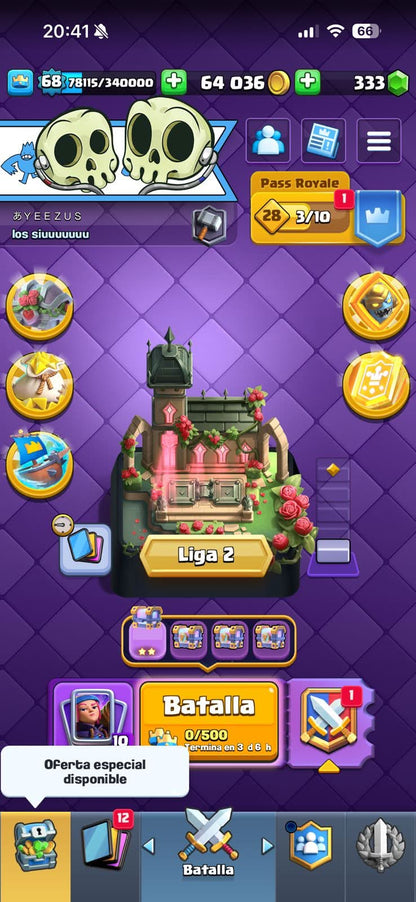 530 CLASH! MINI GRIAL! 12,000 COPAS! LIGA 2 COMPETITIVA! 8 CARTAS AL 16 MAX! 17 CARTAS AL 15! 27 CARTAS AL 14! 1 HÉROE! 19 CARTAS EVOLUTIVAS! 138 EMOTES MUY EXCLUSIVOS! 11 TORRES! INSIGNIA DE 5 AÑOS! (2499mx @everyone