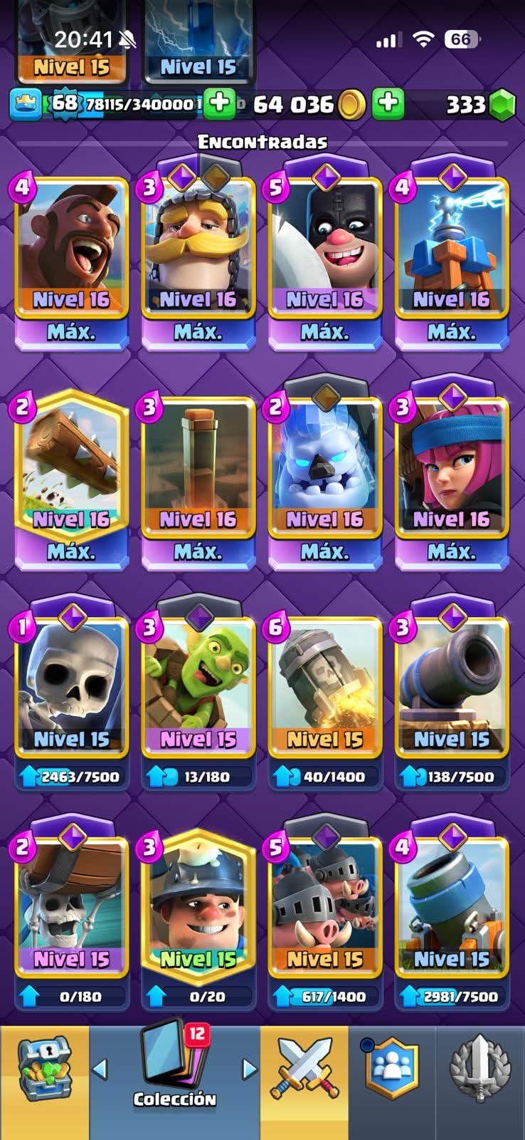 530 CLASH! MINI GRIAL! 12,000 COPAS! LIGA 2 COMPETITIVA! 8 CARTAS AL 16 MAX! 17 CARTAS AL 15! 27 CARTAS AL 14! 1 HÉROE! 19 CARTAS EVOLUTIVAS! 138 EMOTES MUY EXCLUSIVOS! 11 TORRES! INSIGNIA DE 5 AÑOS! (2499mx @everyone