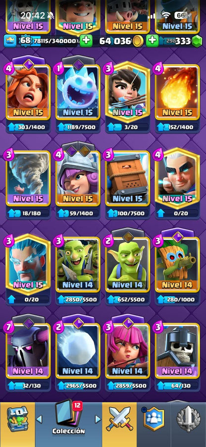 530 CLASH! MINI GRIAL! 12,000 COPAS! LIGA 2 COMPETITIVA! 8 CARTAS AL 16 MAX! 17 CARTAS AL 15! 27 CARTAS AL 14! 1 HÉROE! 19 CARTAS EVOLUTIVAS! 138 EMOTES MUY EXCLUSIVOS! 11 TORRES! INSIGNIA DE 5 AÑOS! (2499mx @everyone