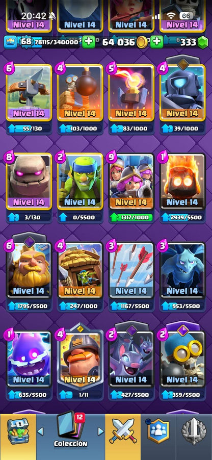 530 CLASH! MINI GRIAL! 12,000 COPAS! LIGA 2 COMPETITIVA! 8 CARTAS AL 16 MAX! 17 CARTAS AL 15! 27 CARTAS AL 14! 1 HÉROE! 19 CARTAS EVOLUTIVAS! 138 EMOTES MUY EXCLUSIVOS! 11 TORRES! INSIGNIA DE 5 AÑOS! (2499mx @everyone