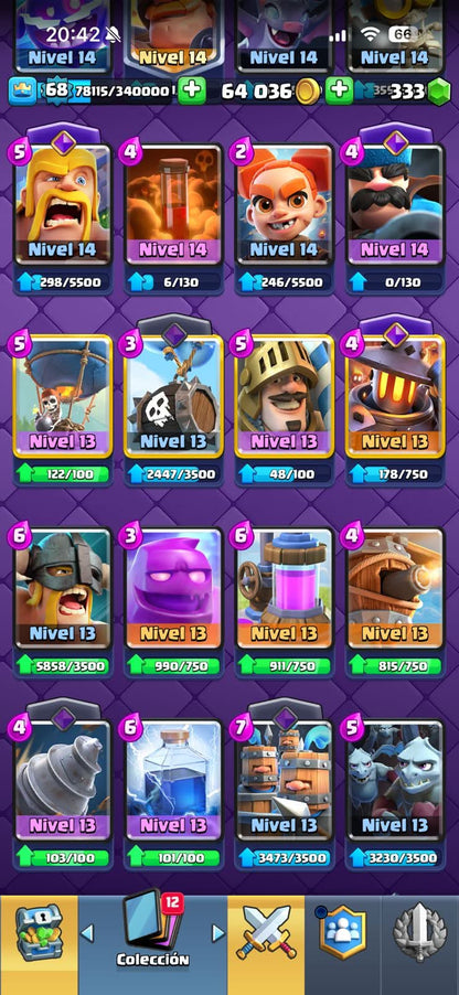 530 CLASH! MINI GRIAL! 12,000 COPAS! LIGA 2 COMPETITIVA! 8 CARTAS AL 16 MAX! 17 CARTAS AL 15! 27 CARTAS AL 14! 1 HÉROE! 19 CARTAS EVOLUTIVAS! 138 EMOTES MUY EXCLUSIVOS! 11 TORRES! INSIGNIA DE 5 AÑOS! (2499mx @everyone