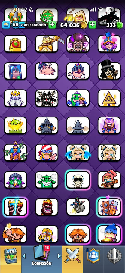 530 CLASH! MINI GRIAL! 12,000 COPAS! LIGA 2 COMPETITIVA! 8 CARTAS AL 16 MAX! 17 CARTAS AL 15! 27 CARTAS AL 14! 1 HÉROE! 19 CARTAS EVOLUTIVAS! 138 EMOTES MUY EXCLUSIVOS! 11 TORRES! INSIGNIA DE 5 AÑOS! (2499mx @everyone