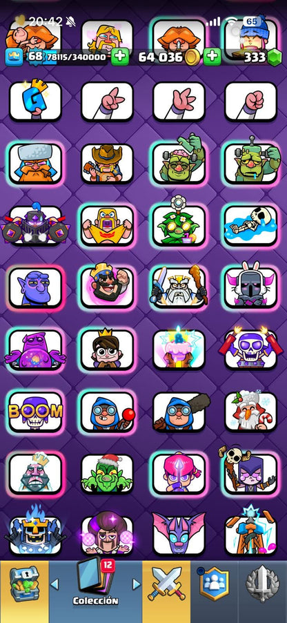 530 CLASH! MINI GRIAL! 12,000 COPAS! LIGA 2 COMPETITIVA! 8 CARTAS AL 16 MAX! 17 CARTAS AL 15! 27 CARTAS AL 14! 1 HÉROE! 19 CARTAS EVOLUTIVAS! 138 EMOTES MUY EXCLUSIVOS! 11 TORRES! INSIGNIA DE 5 AÑOS! (2499mx @everyone