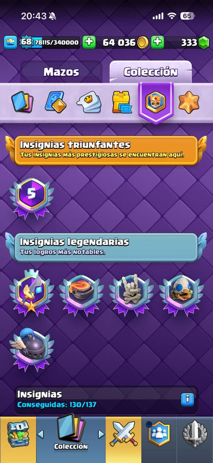 530 CLASH! MINI GRIAL! 12,000 COPAS! LIGA 2 COMPETITIVA! 8 CARTAS AL 16 MAX! 17 CARTAS AL 15! 27 CARTAS AL 14! 1 HÉROE! 19 CARTAS EVOLUTIVAS! 138 EMOTES MUY EXCLUSIVOS! 11 TORRES! INSIGNIA DE 5 AÑOS! (2499mx @everyone