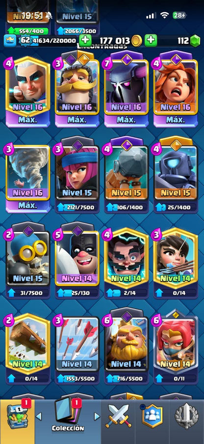 531 CLASH! CUENTA PARA EMPEZAR! 10,353 COPAS! 5 CARTAS AL 16 MAX! 4 CARTAS AL 15! 7 CARTAS AL 14! 3 HÉROES! 8 CARTAS EVOLUTIVAS! 88 EMOTES EXCLUSIVOS Y MUY PEDIDOS! 8 TORRES! INSIGNIA DE 5 AÑOS! (749mx @everyone