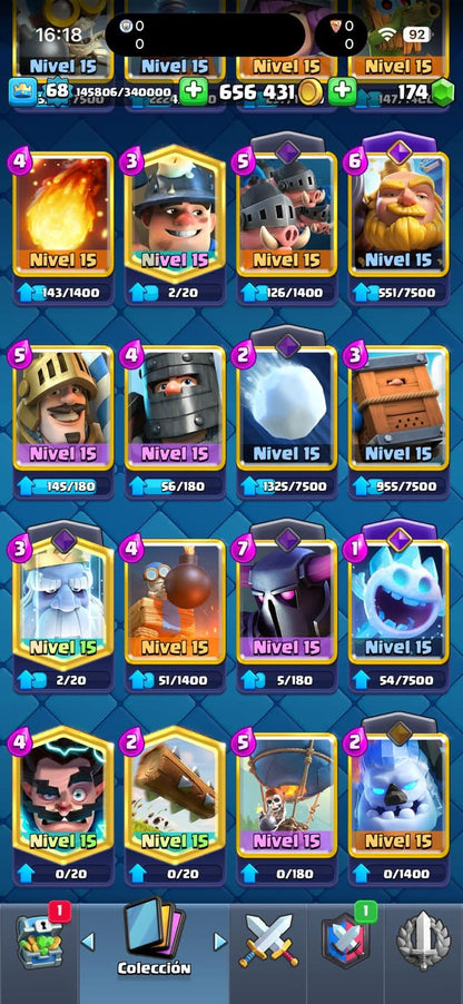 532 CLASH! GRIAL! 10,436 COPAS! 4 CARTAS AL 16 MAX! 30 CARTAS AL 15! 65 CARTAS AL 14! 2 HÉROES! 22 CARTAS EVOLUTIVAS! 126 EMOTES MUY EXCLUSIVOS Y MUY PEDIDOS! 13 TORRES! INSIGNIA OG DE 8 AÑOS! 600K MONEDAS! (3499mx @everyone